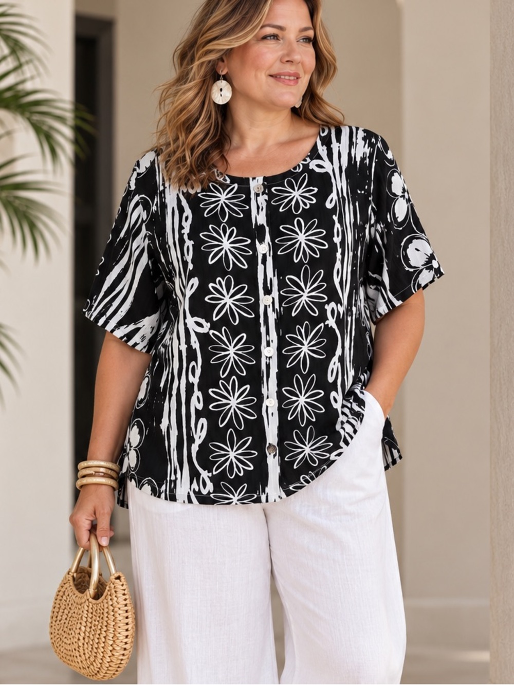 HILO HATTIE Tropical Button Up Blouse Top 1X Hawaiian Resort Vacation Luau Boho